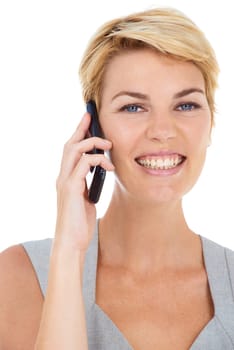 Businesswoman, phone call and networking in studio portrait, communication and smile by white background. Happy female person, professional and smartphone for conversation, discussion and technology.