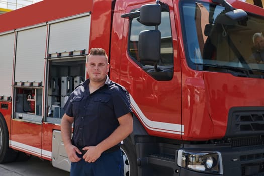 A confident firefighter strikes a pose in front of a modern firetruck, exuding pride, strength, and preparedness for emergency response.