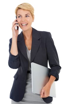 Happy, talking or businesswoman in studio on a phone call negotiation, networking or speaking. White background, mobile communication or manager laughing in conversation, discussion or news for deal.