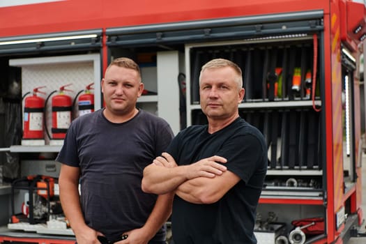 A skilled and dedicated professional firefighting team proudly poses in front of their state of the art firetruck, showcasing their modern equipment and commitment to ensuring public safety