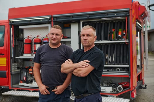 A skilled and dedicated professional firefighting team proudly poses in front of their state of the art firetruck, showcasing their modern equipment and commitment to ensuring public safety