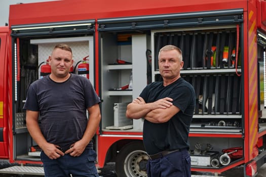 A skilled and dedicated professional firefighting team proudly poses in front of their state of the art firetruck, showcasing their modern equipment and commitment to ensuring public safety