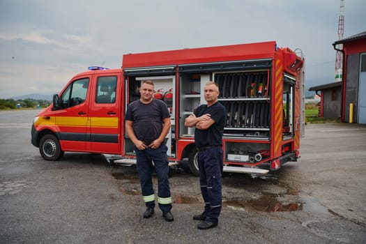 A skilled and dedicated professional firefighting team proudly poses in front of their state of the art firetruck, showcasing their modern equipment and commitment to ensuring public safety