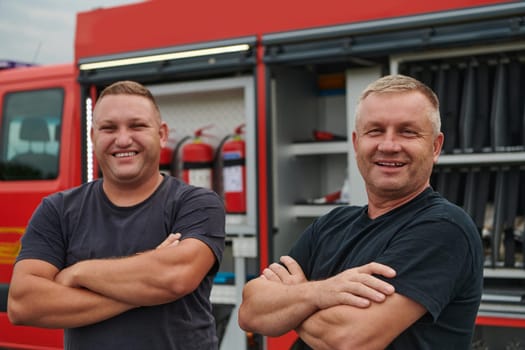 A skilled and dedicated professional firefighting team proudly poses in front of their state of the art firetruck, showcasing their modern equipment and commitment to ensuring public safety