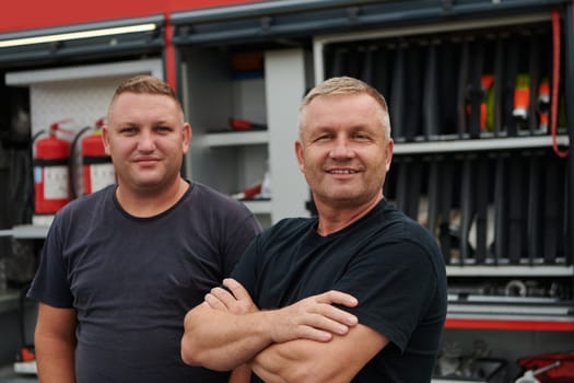 A skilled and dedicated professional firefighting team proudly poses in front of their state of the art firetruck, showcasing their modern equipment and commitment to ensuring public safety