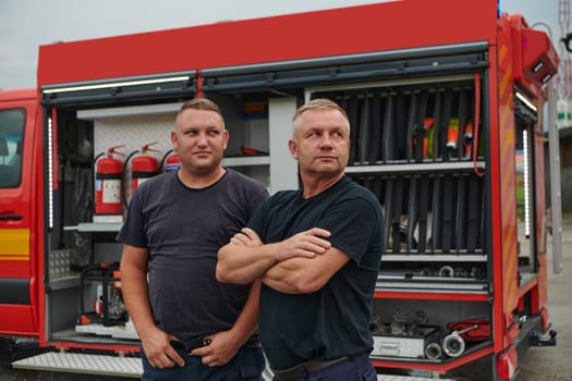 A skilled and dedicated professional firefighting team proudly poses in front of their state of the art firetruck, showcasing their modern equipment and commitment to ensuring public safety