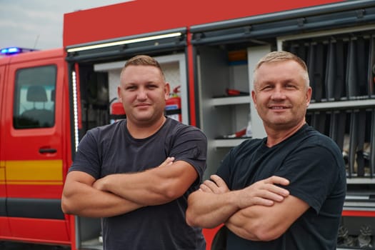 A skilled and dedicated professional firefighting team proudly poses in front of their state of the art firetruck, showcasing their modern equipment and commitment to ensuring public safety