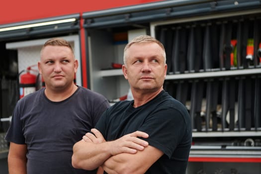 A skilled and dedicated professional firefighting team proudly poses in front of their state of the art firetruck, showcasing their modern equipment and commitment to ensuring public safety