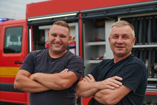 A skilled and dedicated professional firefighting team proudly poses in front of their state of the art firetruck, showcasing their modern equipment and commitment to ensuring public safety