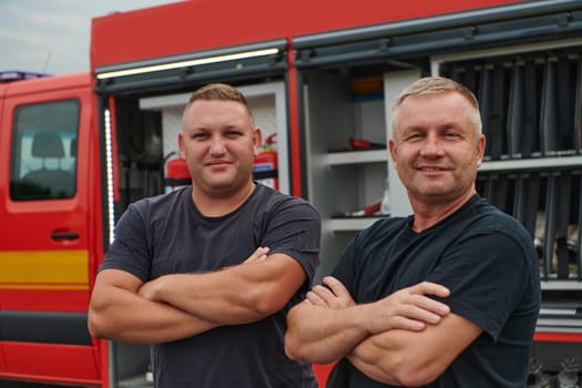 A skilled and dedicated professional firefighting team proudly poses in front of their state of the art firetruck, showcasing their modern equipment and commitment to ensuring public safety