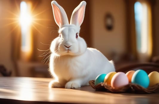 Easter - cute fluffy white bunny sitting on the kitchen table, next to decorated eggs.