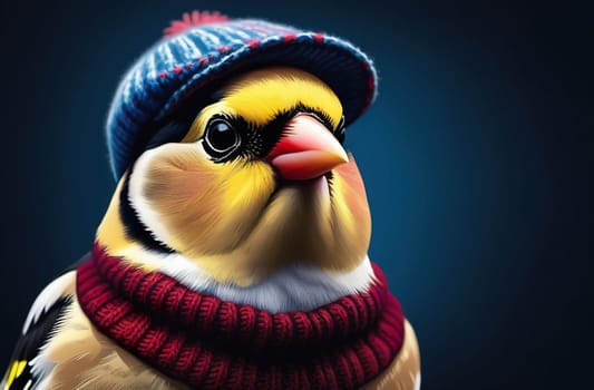 pompous respectable business bird in a hat and sweater, full face portrait.