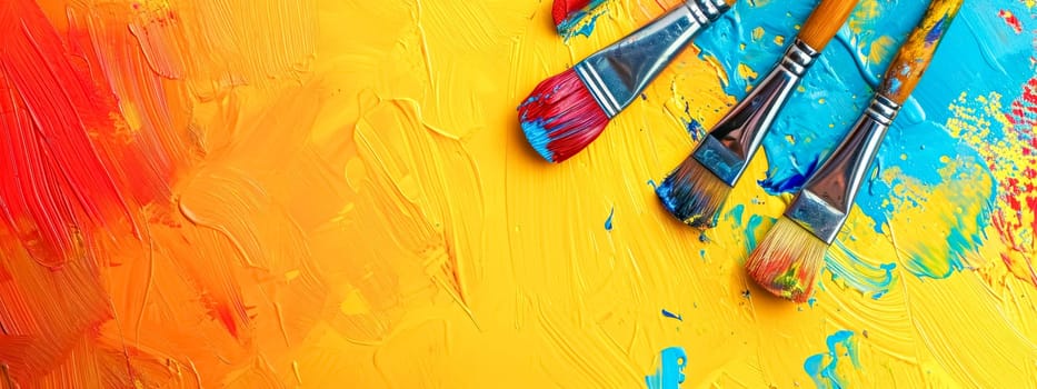 A vibrant and colorful background with thick, textured paint strokes in red, yellow, and blue, and art brushes dipped in paint, symbolizing artistic creativity and the painting process, copy space