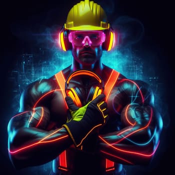 Strong construction worker with neon light holding soundproof headphones. High quality photo