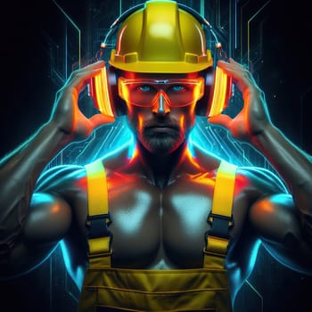 Strong construction worker with neon light holding soundproof headphones. High quality photo