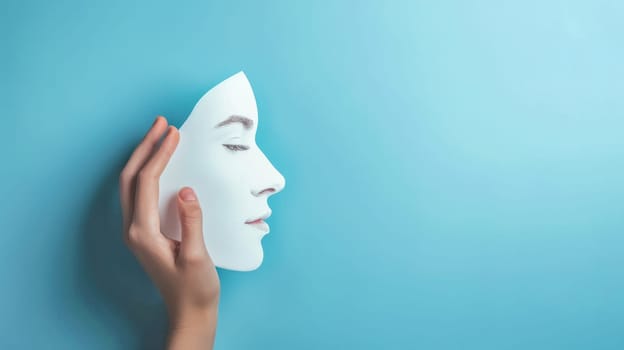 A hand holding a white mask with a serene female facial feature against a solid teal background, embodying themes of identity and introspection, banner with copy space