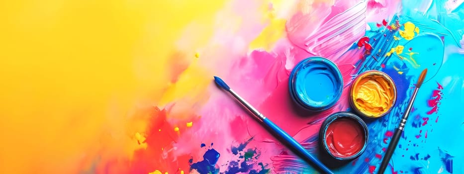 A vivid artistic composition with open paint pots and a paintbrush on a canvas exploding with bright yellow, pink, and blue colors, banner with copy space