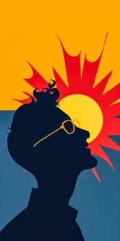 silhouette of a person with an afro and sunglasses against a vibrant yellow and blue background, with a fiery sun motif integrated into the design, suitable for a dynamic and bold banner, copy space