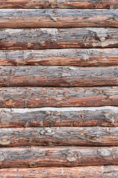 House wall in the village. Russian masonry of logs in the southern Urals