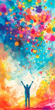 explosion of vibrant colors and splashes, depicting a joyful figure with arms raised, liberation amidst a backdrop of a vivid, abstract, paint-splattered environment, banner with space for text.