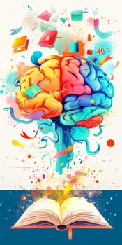 brain's creativity and knowledge, with a vibrant brain made up of swirling colors exploding from an open book, symbolizing the power and excitement of learning and the flow of ideas, vertical