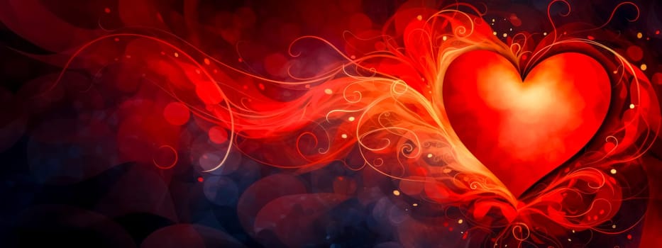 stylized red heart glowing and swirling with dynamic filigree patterns on a dark bokeh background, evoking a sense of passion and celebration. banner with copy space