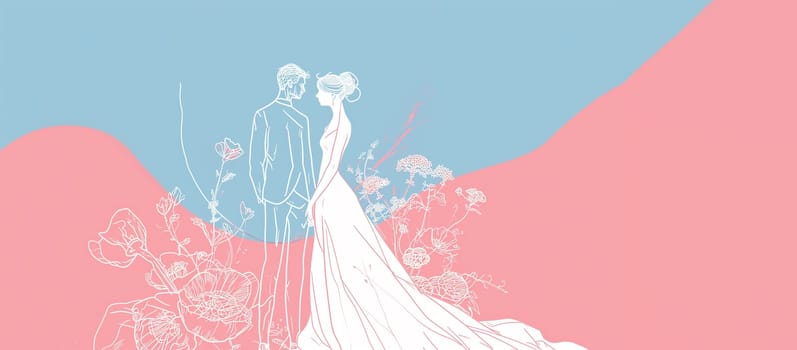 Banner Marriage Week. Just Married Couple. Hugging Beautiful Bride And Groom, Flowers Copy Space For Text. Line illustration. Love, Family Celebration. Blue Pink Rose Background AI Generated.