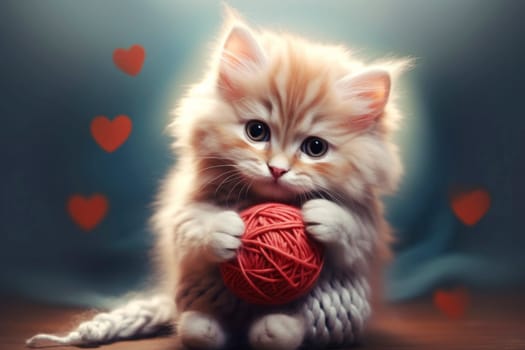 An adorable fluffy kitten with big innocent eyes playing with a ball of red yarn, surrounded by soft heart bokeh.