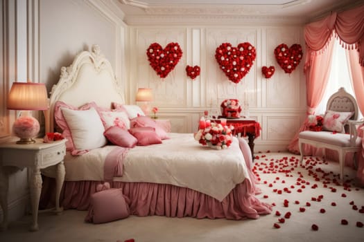 A lavishly decorated bedroom for Valentine's Day, complete with luxurious red and pink floral arrangements, heart wreaths, and scattered rose petals.
