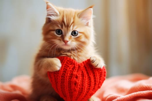 An adorable ginger kitten with deep, expressive eyes, gently clutching a handmade red knitted heart, against a soft-focus background.