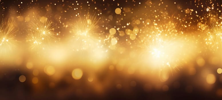 Abstract background with golden fireworks, sparkles, shiny bokeh glitter lights. Festive gold background for card, flyer, invitation, placard, voucher, banner