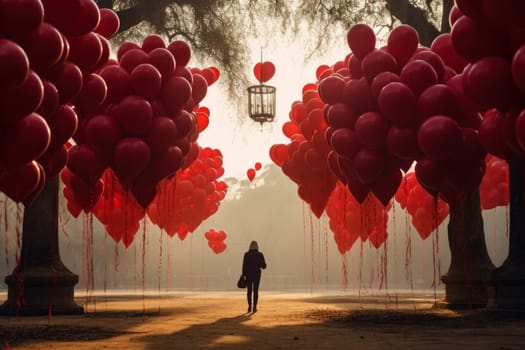 A solitary figure walks through a dreamlike forest aglow with sunrise, the path adorned with romantic red heart-shaped balloons.