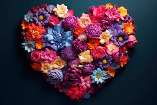 A heart-shaped arrangement of colorful flowers including roses, daisies, and chrysanthemums on a dark backdrop, perfect for romantic occasions