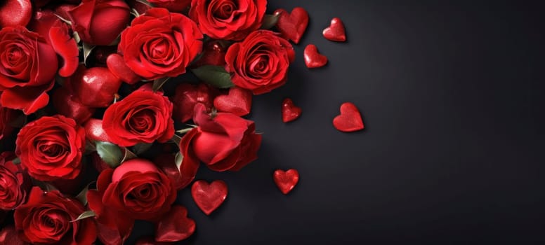 Roses, petals and hearts on a dark background with copy space. Valentine's Day background.