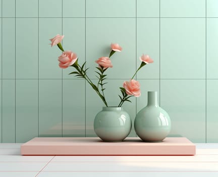 Display podium with flower pot. soft background. 3d rendering. 3d illustration