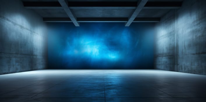 Sci Fi futuristic Neon Blue Concrete Garage Underground Cyber Virtual Lines Pillars Pantone Classic Spaceship Showroom 3D Rendering Illustration. High quality photo