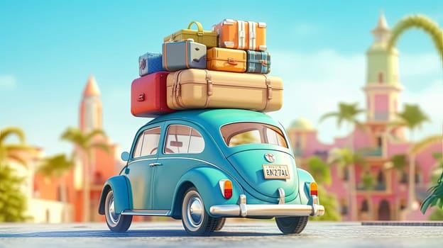 Vintage road adventure. A compact retro car, rooftop loaded with luggage and beach essentials, set against a vibrant blue backdrop. Ready for a summer getaway.