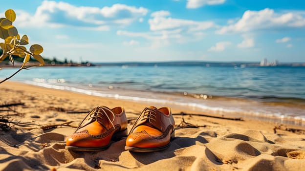 Stylish mens shoes elegantly placed against the backdrop of a sandy beach and the vast ocean, embodying the essence of summer fashion and leisure.