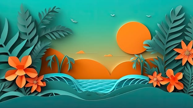 Sun-kissed serenity. Dive into this beachscape illustration capturing the essence of a sunny day. Crystal clear seas and a tranquil outdoor travel scene await!