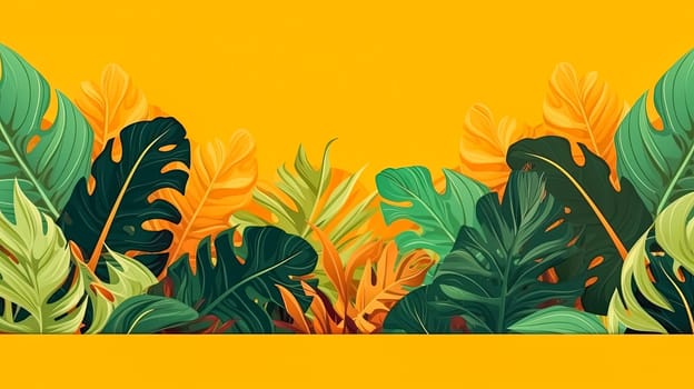 Vibrant botanical delight. Horizontal banners featuring tropical leaves on a sunny yellow backdrop. Perfect for cosmetics, spa, perfume, and health care product promotions.