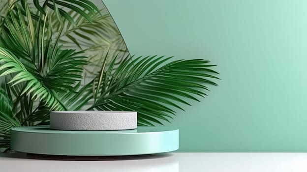 White podium on a serene mint background adorned with graceful palm leaves, creating a stylish and tropical atmosphere. Showcase sophistication.