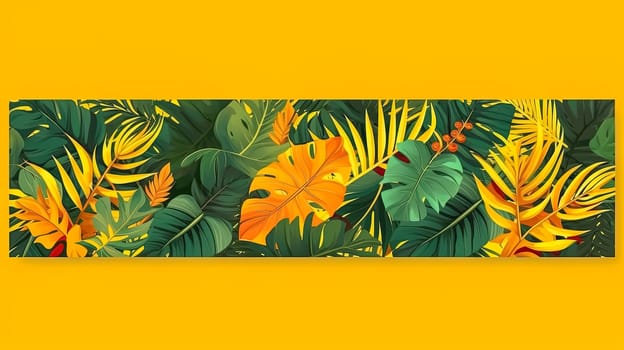 Vibrant botanical delight. Horizontal banners featuring tropical leaves on a sunny yellow backdrop. Perfect for cosmetics, spa, perfume, and health care product promotions.