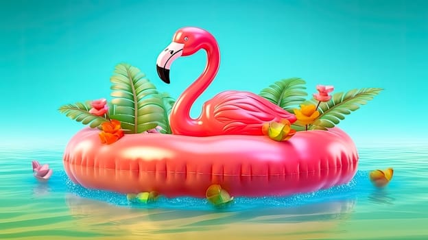 Dive into summer fun. Inflatable flamingo and pool ring set the stage for the perfect summer pastime, creating a vibrant and playful poolside atmosphere.