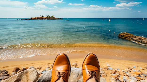 Stylish mens shoes elegantly placed against the backdrop of a sandy beach and the vast ocean, embodying the essence of summer fashion and leisure.