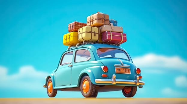 Vintage road adventure. A compact retro car, rooftop loaded with luggage and beach essentials, set against a vibrant blue backdrop. Ready for a summer getaway.