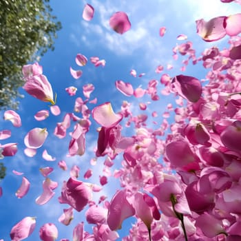 Capturing the essence of spring, flying sakura petals create a delicate dance against a blurred lights background, offering a stunning addition to your spring collection.