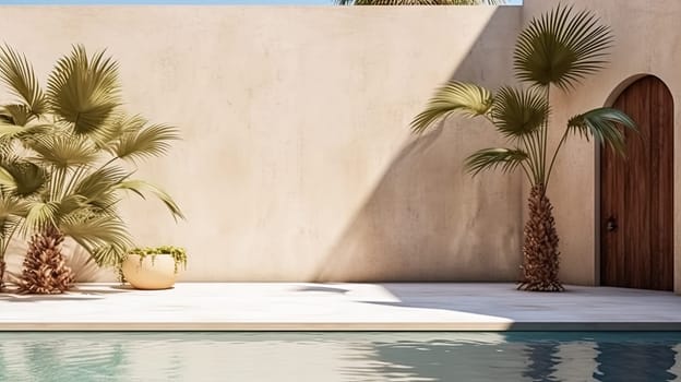 Chic tropical allure! Luxurious resort exterior with a concrete wall, refreshing pool, and the sultry shadow of palm leaves. Ideal for sophisticated product placement.