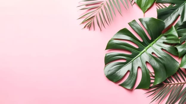 A bright and creative color scheme created from tropical leaves on a pink background, capturing the essence of summer in a bold tropical aesthetic.