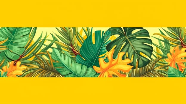 Vibrant botanical delight. Horizontal banners featuring tropical leaves on a sunny yellow backdrop. Perfect for cosmetics, spa, perfume, and health care product promotions.