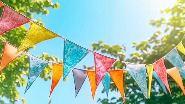 Vibrant pennant strings adorn lush green tree foliage against a clear blue sky, setting a festive summer party background with ample copy space for a lively banner template.